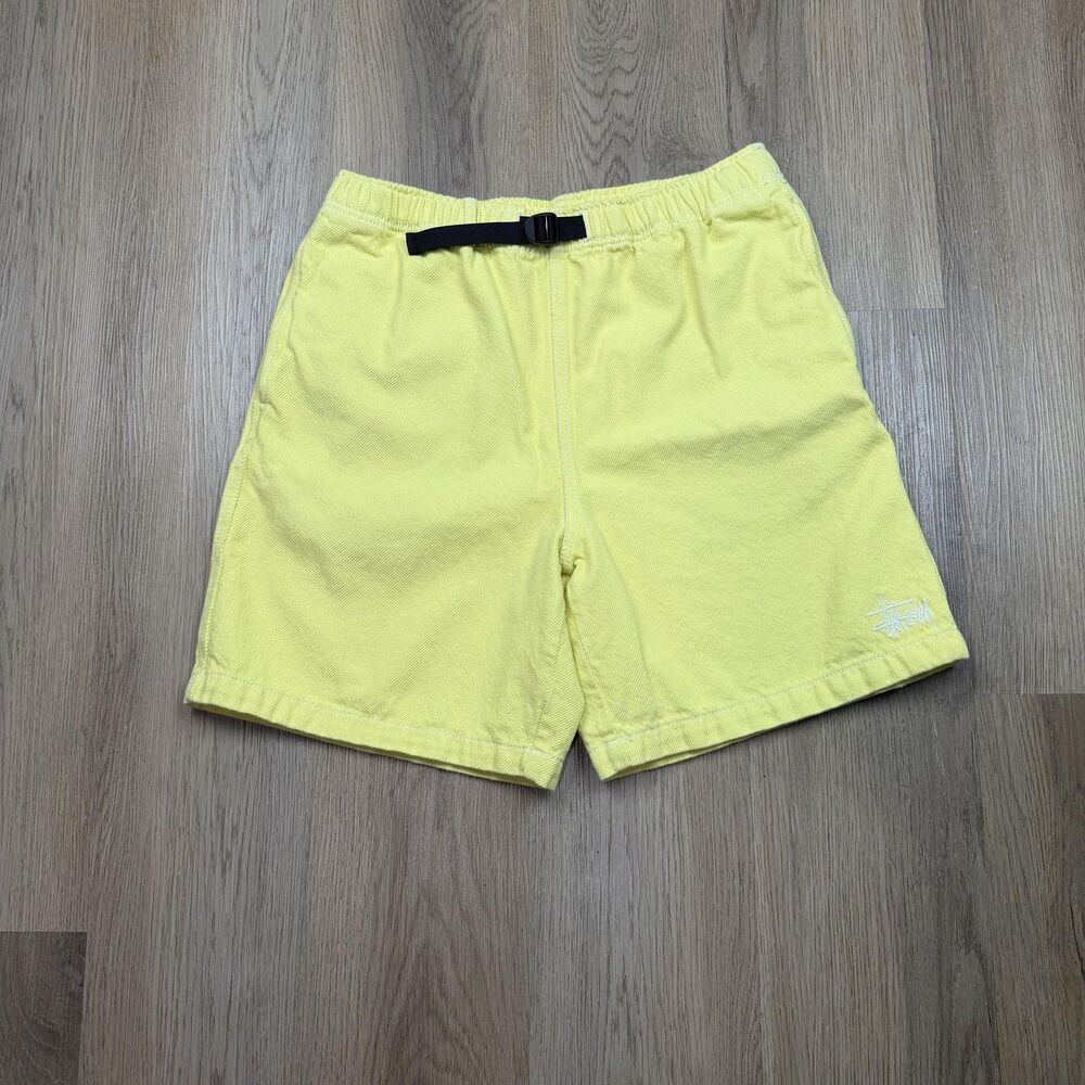 Stussy Shorts Mens Medium Yellow Canvas Elastic Waist Belted Casual